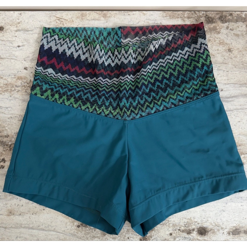 Size XS - Capezio Dance Shorts Teal Zigzag Pattern